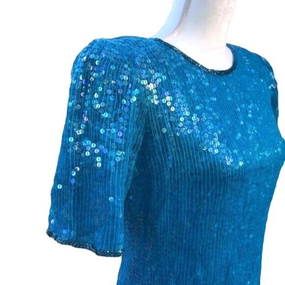 Saks Fifth Avenue Silk Top Small S Womens Vintage Blue Sequin Short Sleeve - Picture 3 of 12